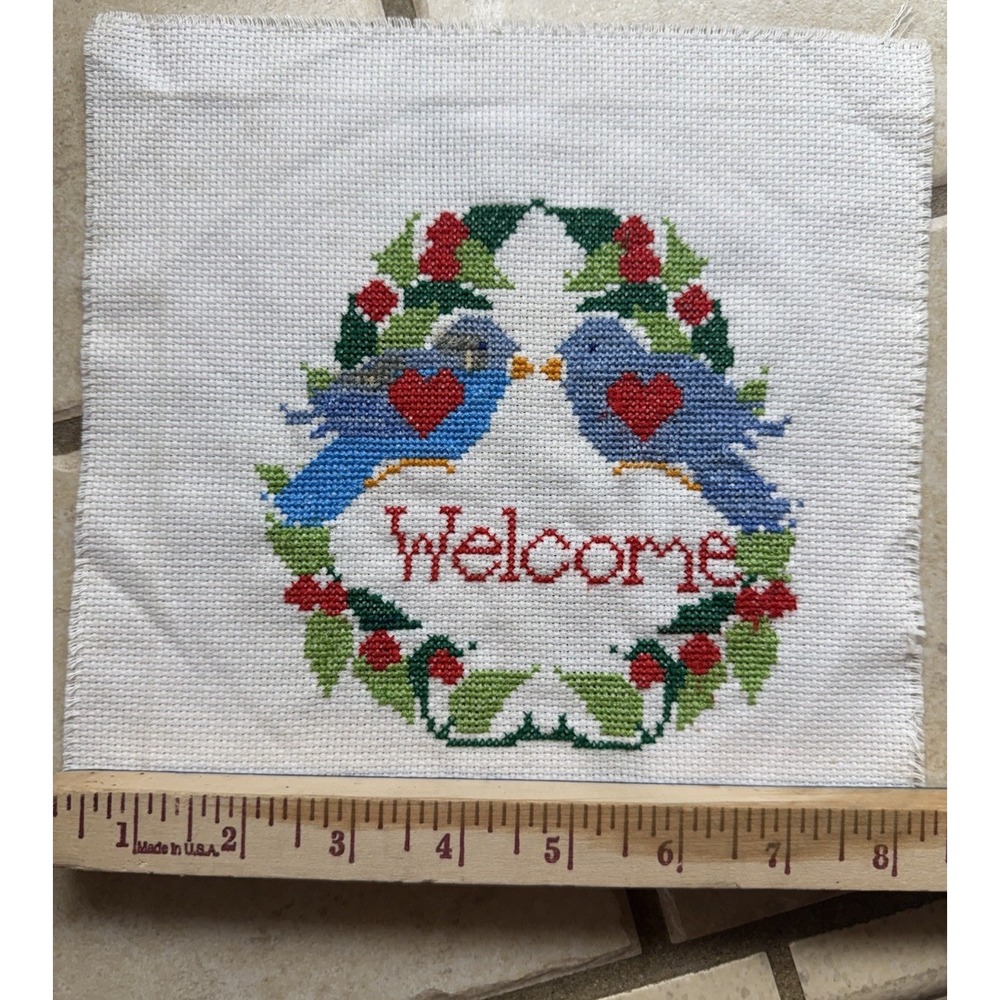 Vintage Hand Cross Stitched "Welcome" w/ Blue Birds and Hearts Complete